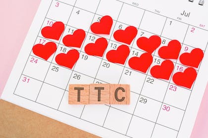 Calendar with days marked off with hearts, and wooden blocks with 'TTC' written on them